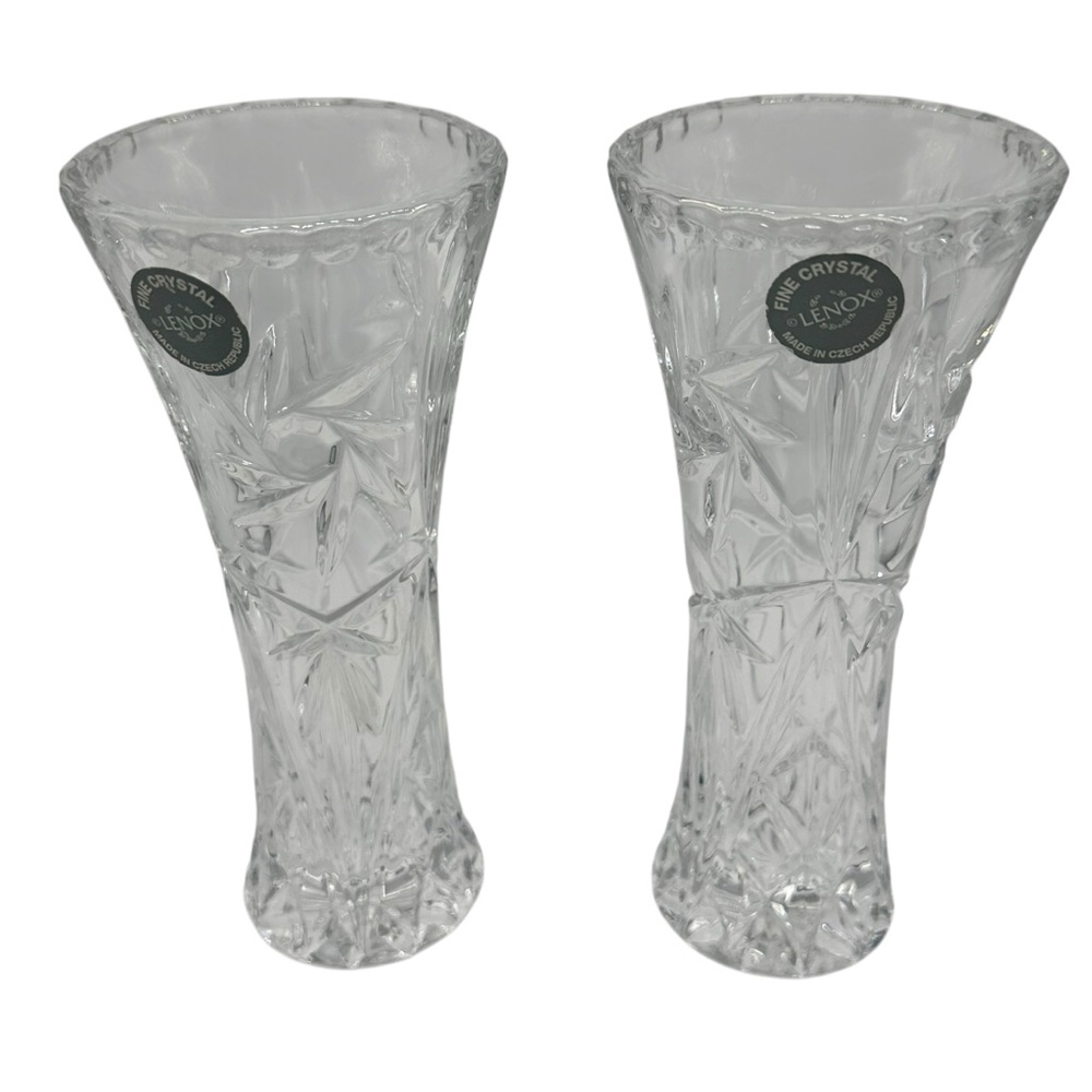 Lenox 2 Vintage Classic  Crystal Cut Glass Bud Vases Star & Fan Pinwheel 6" tall